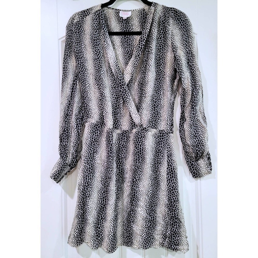 Parker Long Sleeve Silk Dress Snakeskin Print Faux Wrap Surplice Knee Size S